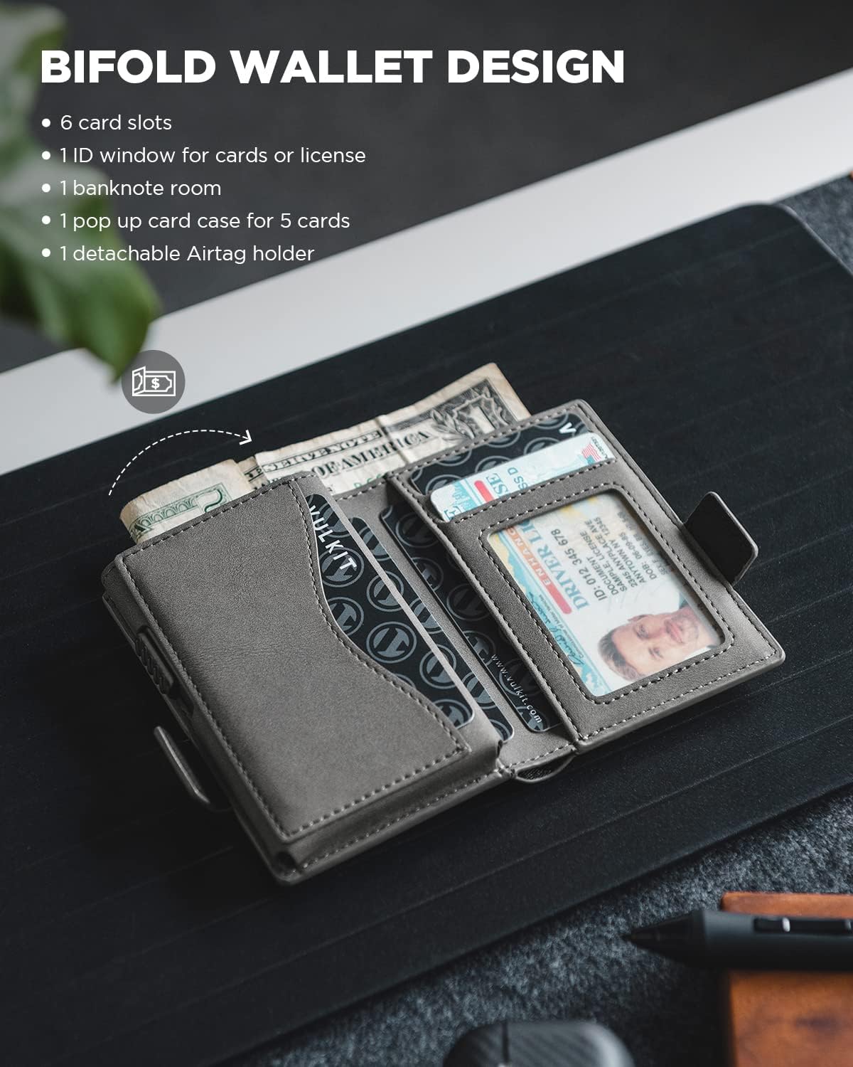 Card Holder Leather Wallet with Air tag Holder RFID Blocking Magnetic Closure